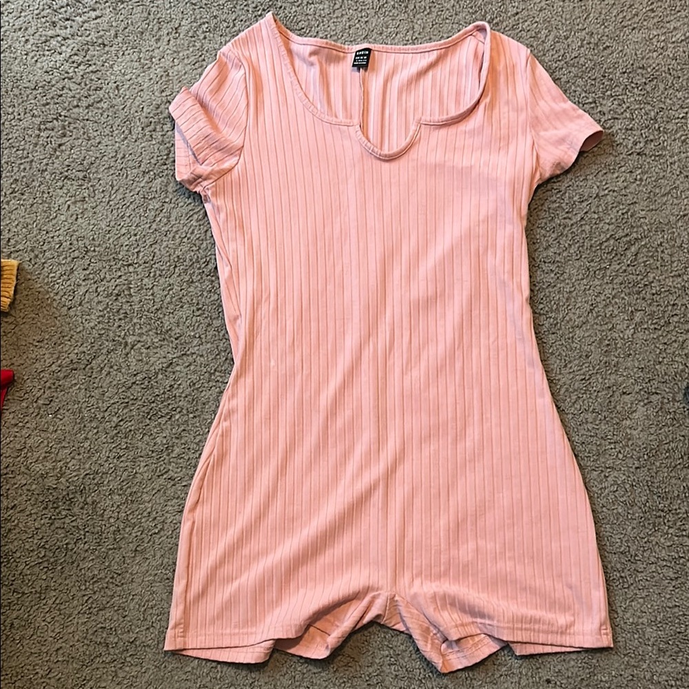 Pink Ribbed Short Sleeve Romper